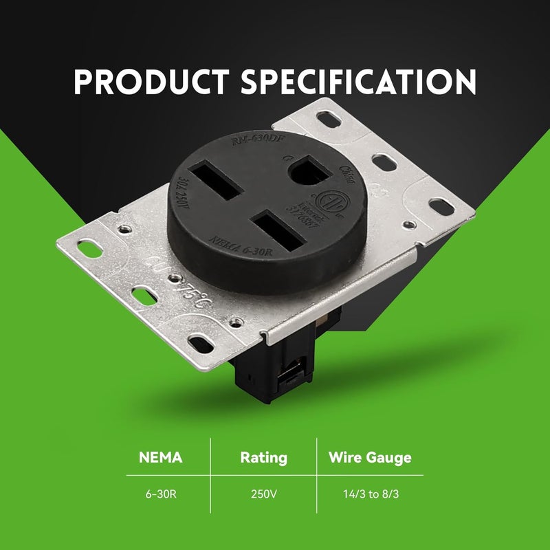 PLUGTUL NEMA 6-30R Flush Mounting Receptacle, Straight Blade, Industrial Grade, 30 Amp, 250 Volt, ETL Listed - Image 2